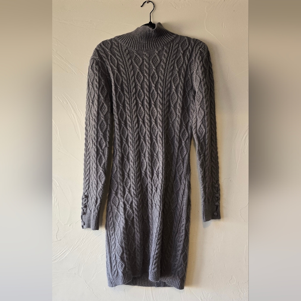 Cable Knit Turtleneck Sweater Dress - Open Back - Gray